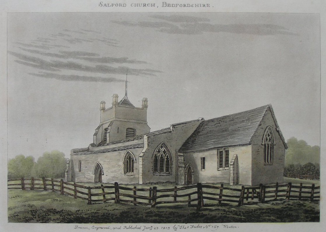 Aquatint - Salford Church, Bedfordshire - Fisher